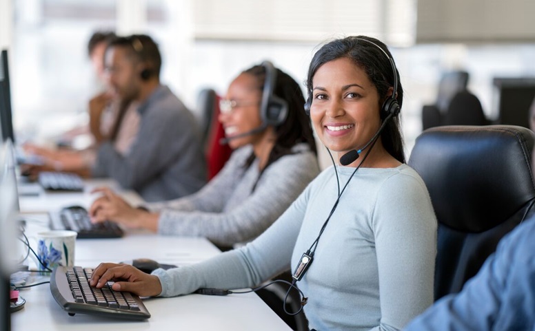 Call center representative smiling